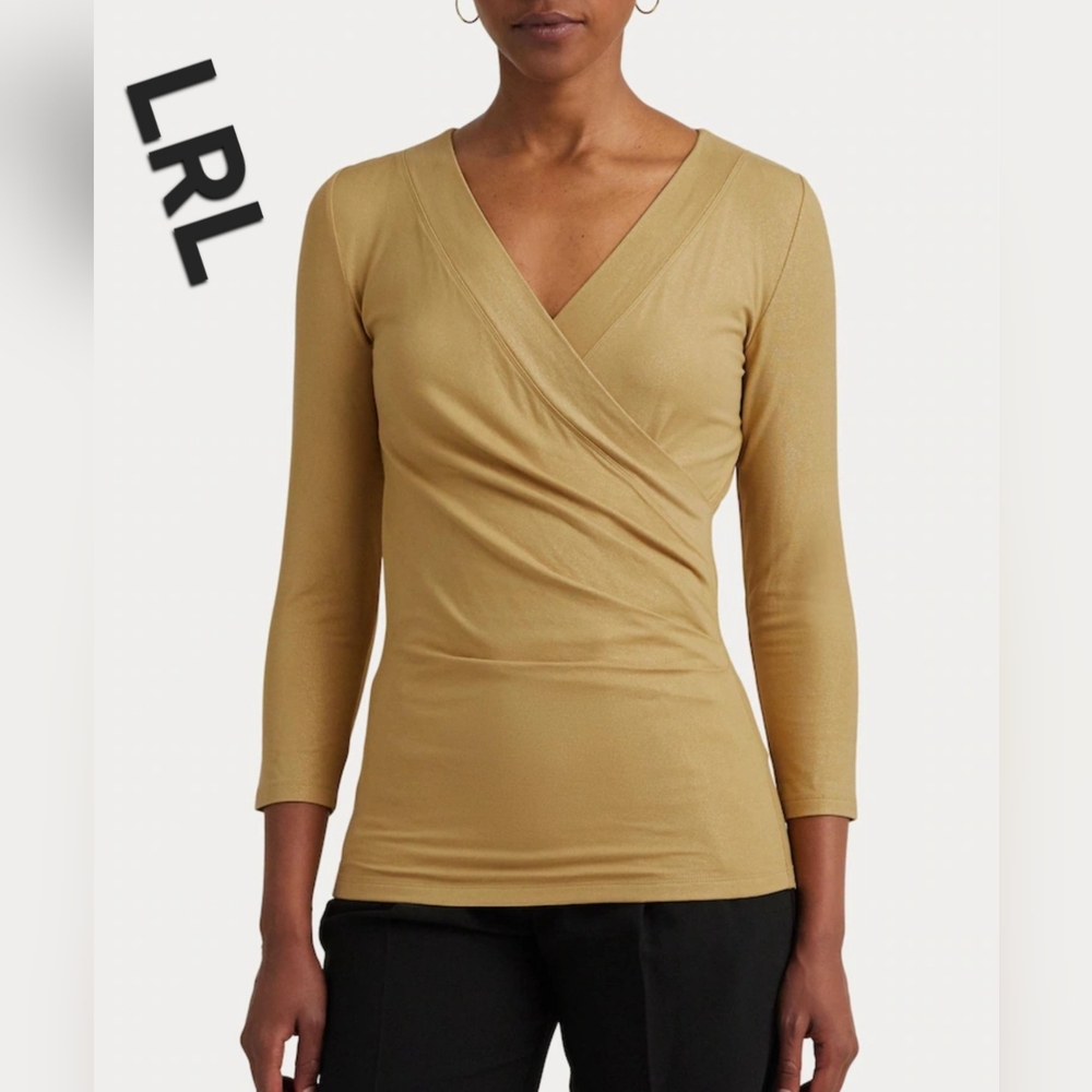 Lauren Ralph Lauren Women's Metallic Jersey Surplice Top 3/4 Sleeve Sz M